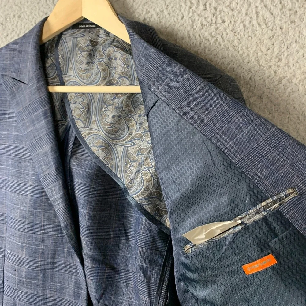 Egara Blazer 100% Linen Windowpane Plaid Navy‎ Unlined Two Button Sport Coat
